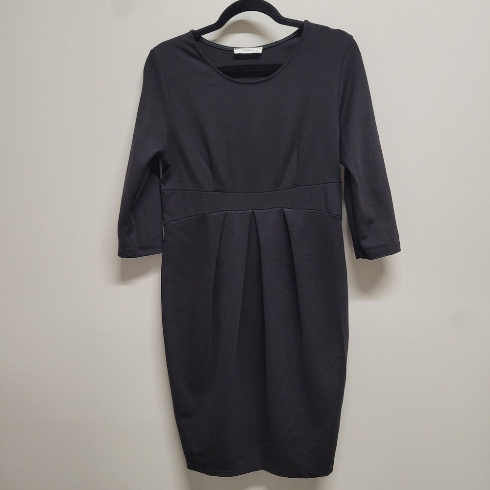 Hello Miz Black Empire Waist Maternity Dress 3/4 Sleeve Pleated Size L